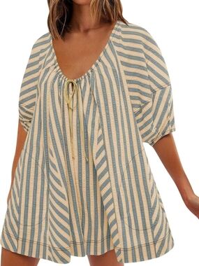 Striped Blue and Cream Tie-Neck Romper
